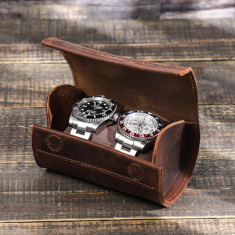 Crazy Horse Leather Watch Storage Box Two Packs Convenient Creative Round Magnetic Buckle Watch Box