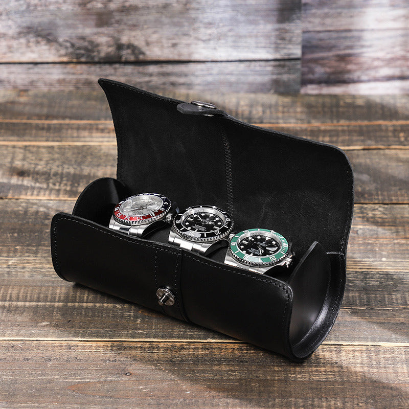 Leather watch box three-pack buckle convenient travel watch storage box round creative watch bag spot wholesale
