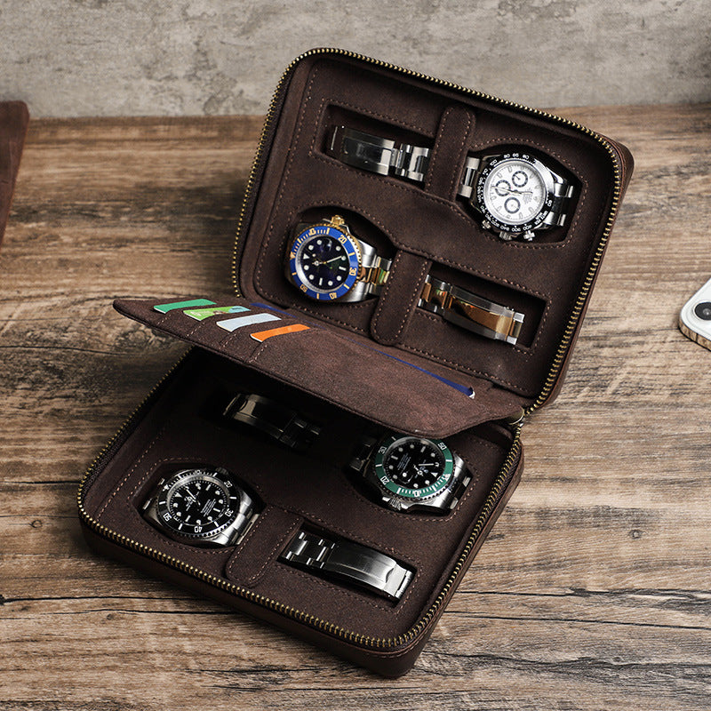 Retro Crazy Horse leather watch box handmade rectangular four-pack travel multi-card watch storage box
