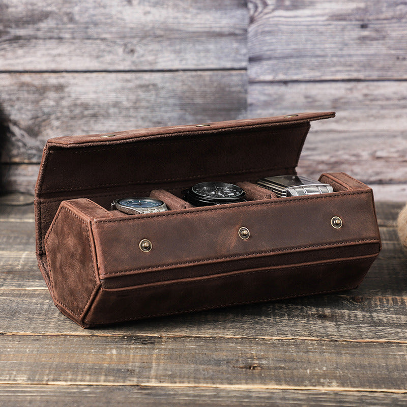 New Crazy Horse Leather Watch Box Three-pack Detachable Convenient Diamond-shaped Creative Watch Storage Box
