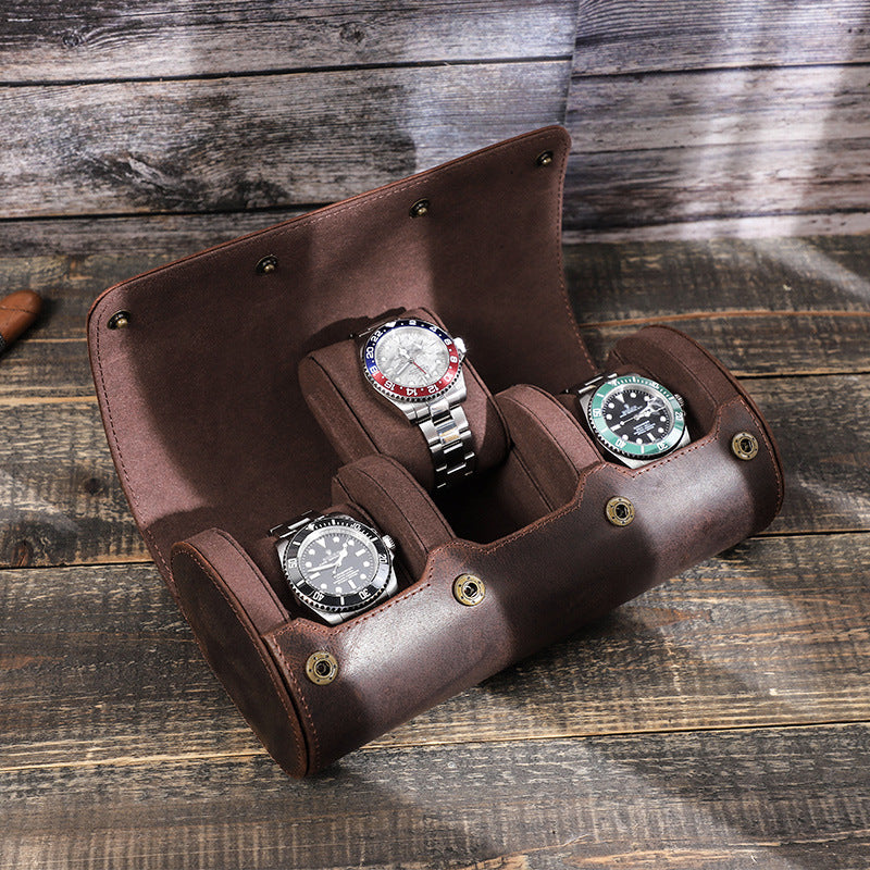 Crazy horse leather watch storage box three-pack outdoor travel convenient oval creative watch case