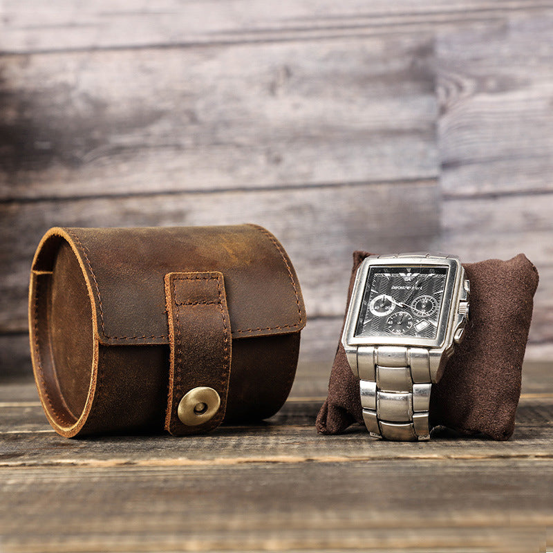 Crazy horse leather watch box single round creative watch case