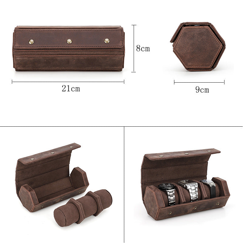 New Crazy Horse Leather Watch Box Three-pack Detachable Convenient Diamond-shaped Creative Watch Storage Box